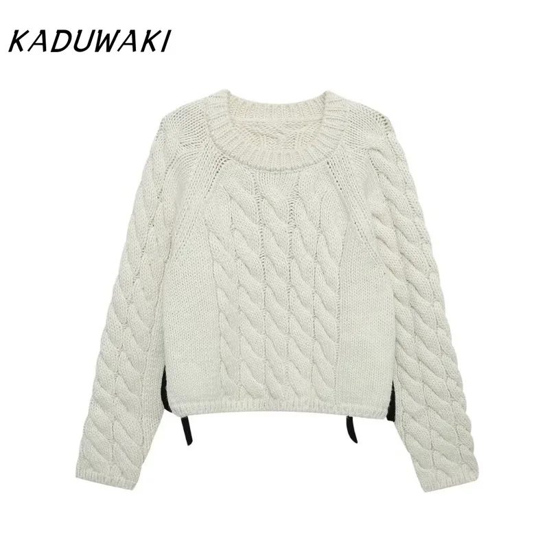 

KADUWAKI American Retro Autumn Simple Style Solid Fried Dough Twists Ribbon Knitted O Neck Pullover Long Sleeve Sweaters Women