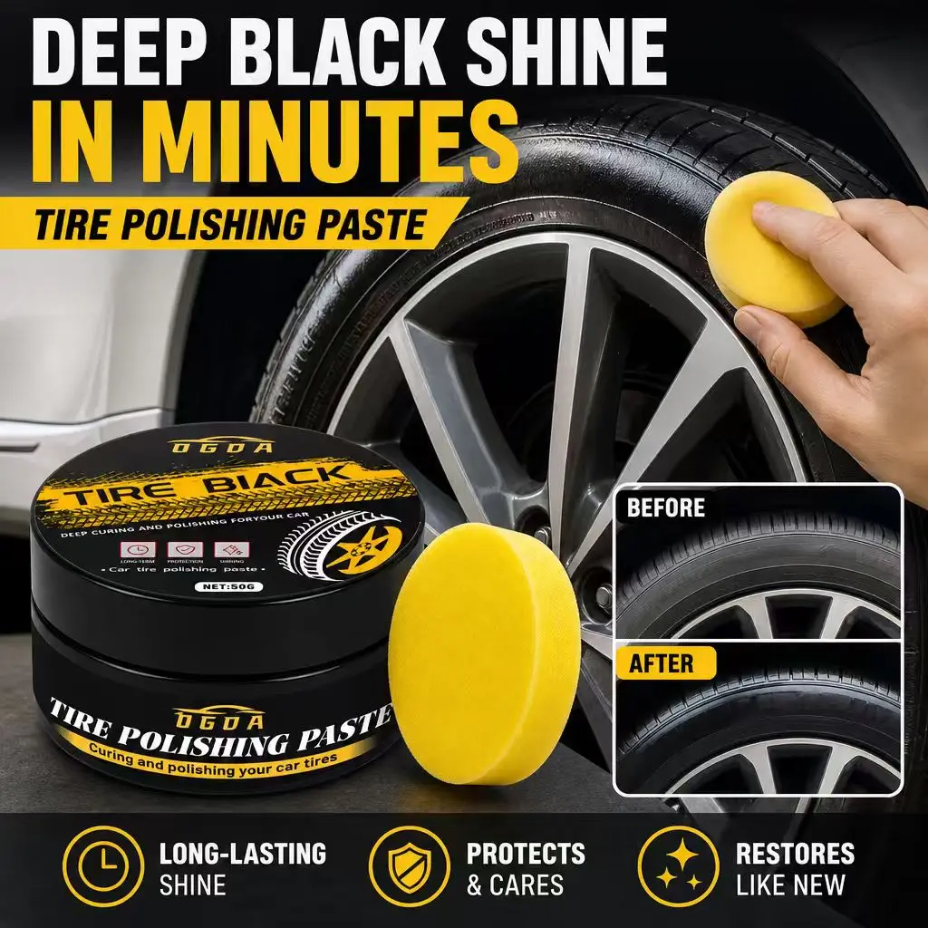 50g Tire Black Polish Paste, Restores Deep Black Shine, Long Lasting Anti UV Protection, Easy Apply with Sponge.