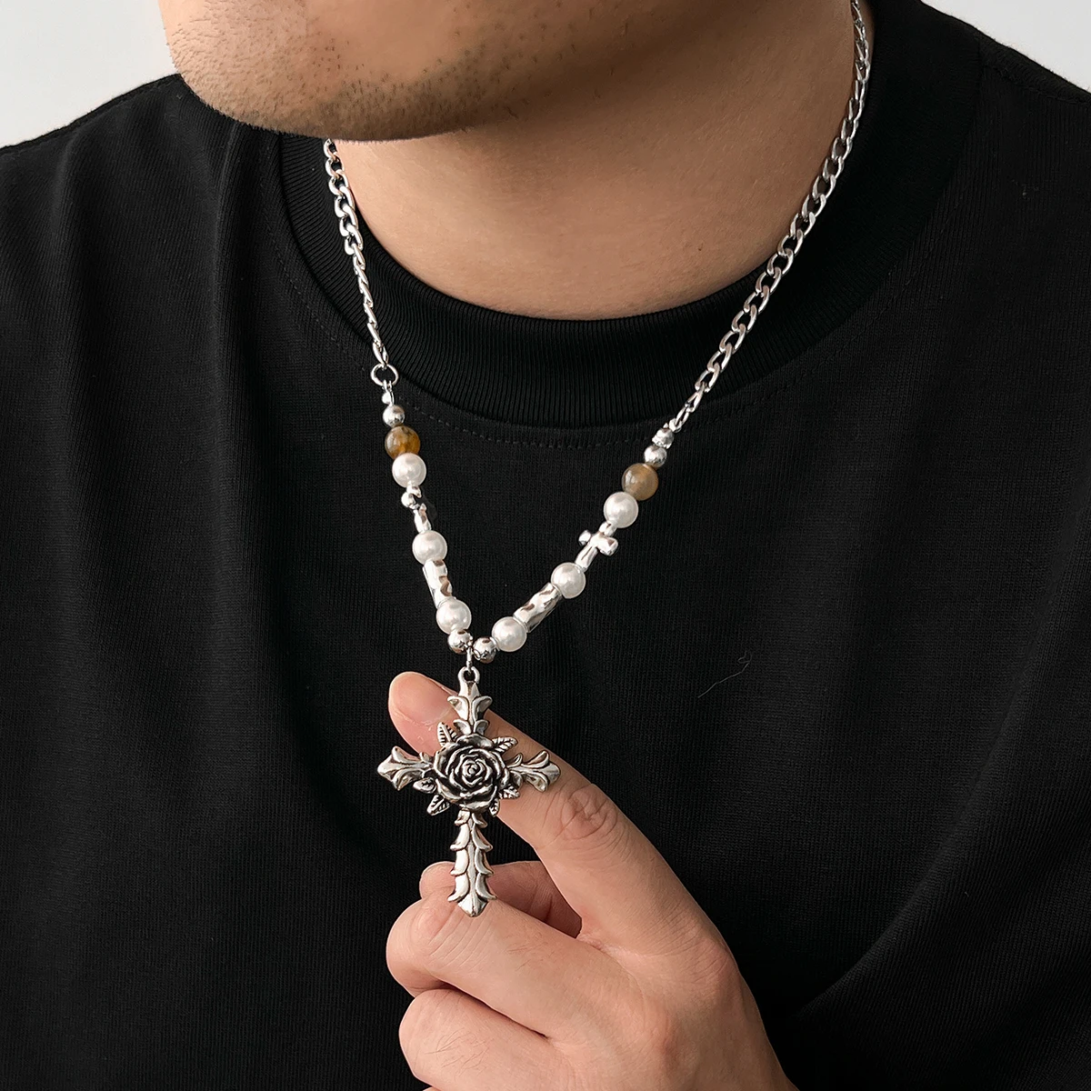 SHIXIN Vintage Big Rose Flower Cross Pendant Necklace for Men New Trendy Imitation Pearl Beads Necklace Male Jewelry on the Neck