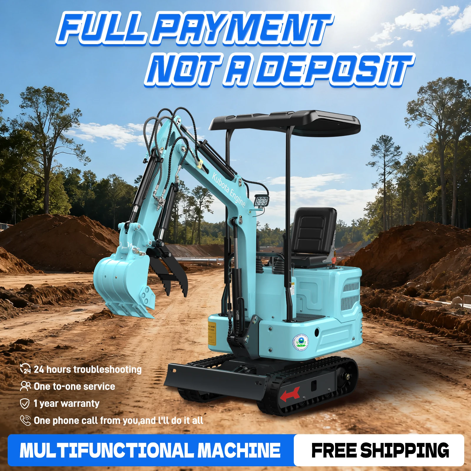 حفارة صغيرة أمريكية 1 طن، أنابيب تبريد سائلة مدمجة، محرك كوبوتا، مناسبة لبناء المناظر الطبيعية وحفر الخندق