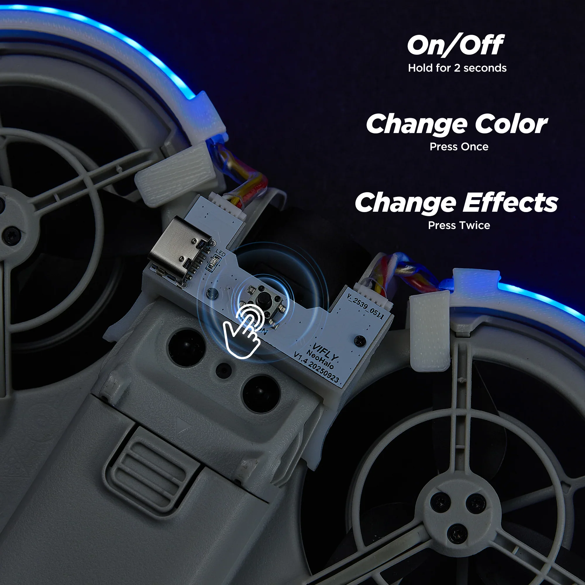 Faixa de luz LED VIFLY NeoHalo para DJI Neo, modos dinâmicos multicoloridos traz shows de voo noturno épico