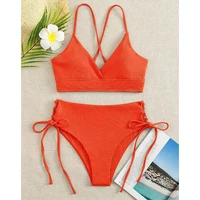 Solid Bikini Set Swimsuit Women V Neck Backless Lace Up High Cut Thong Split Bathing Suit 2025 New Beach Swimwear 2 Piece Sets - Image 6