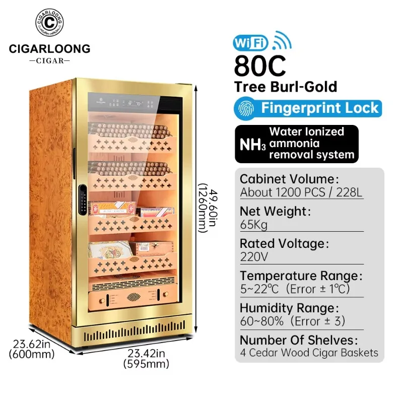 80C2 CIGARLOONG 1200 Uds gabinete de cigarros de temperatura y humedad constante de gran capacidad con WIFI y huella digital