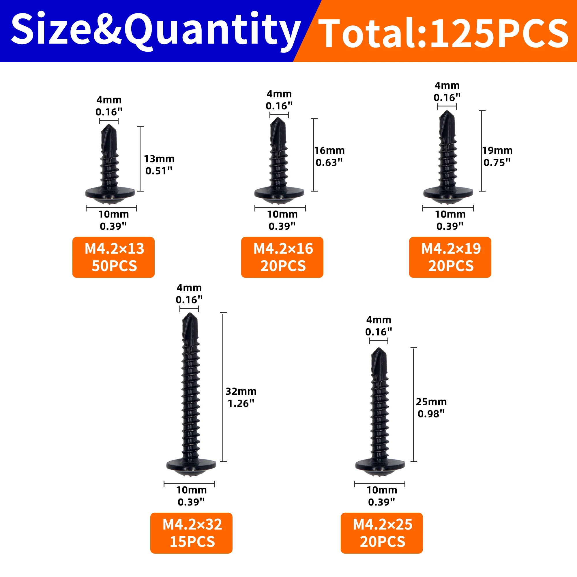 125pcs 410 stainless steel self Drilling TEk screw Kit M4.2*13MM-32MM Woodworking Installation And Maintenance Cross Drill