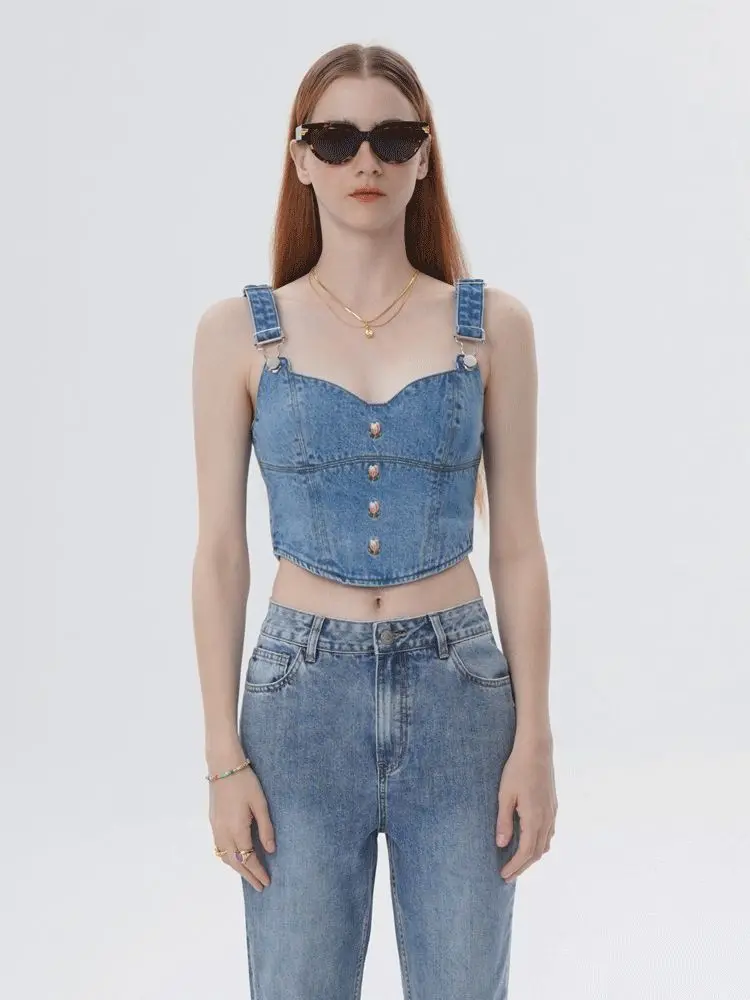 

Rien Rien Denim Corset Top Women's Slim Fit Summer Cotton Vest with Strap Original Design Embroidery Trendy Casual Top