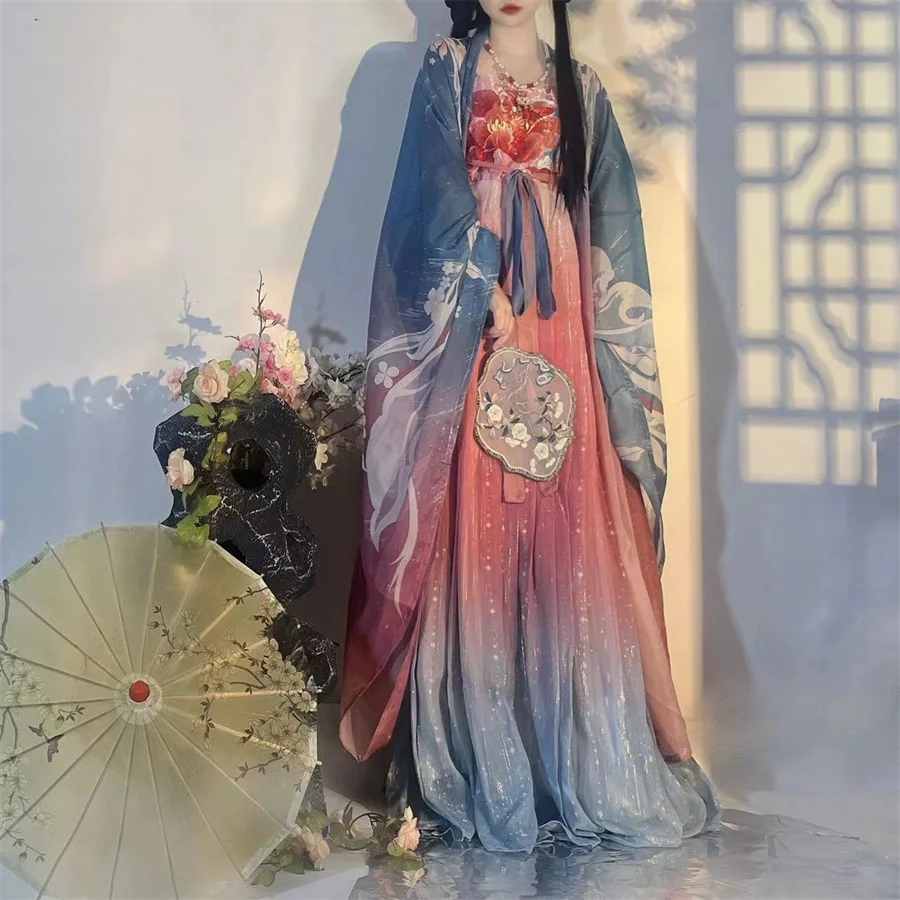 Original dinastia do sul do norte impresso princesa cosplay hanfu vestido feminino 2024 elegante desempenho de palco trajes de dança