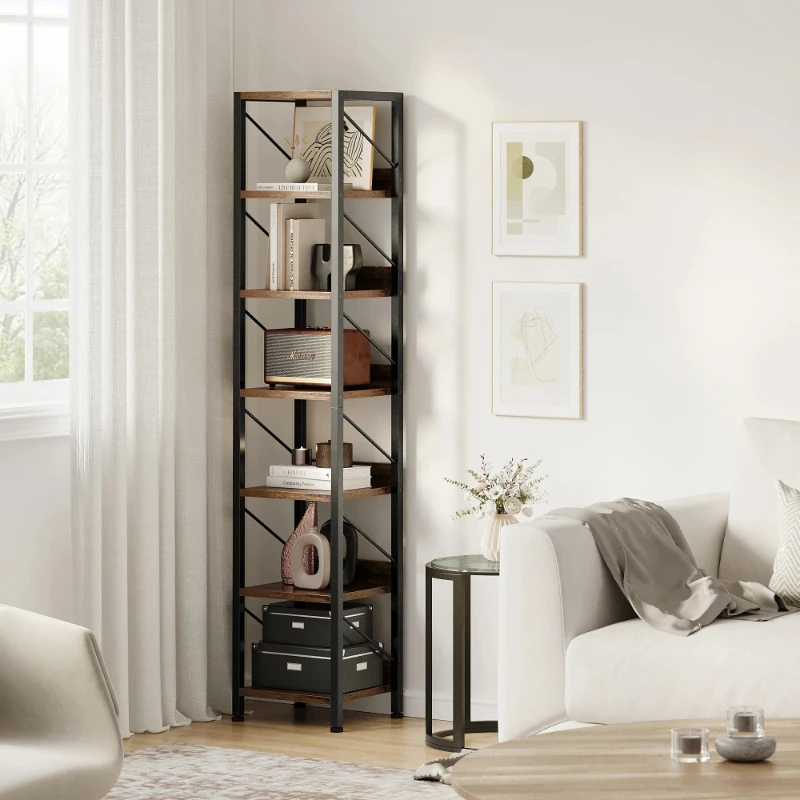Narrow 6-tier bookshelf, tall skinny metal frame, freestanding rustic shelf for corner storage use