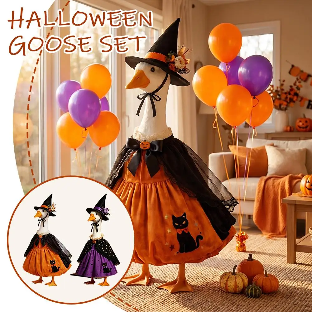 23‑Inch Halloween Witch Goose Outfit Black Cat Pumpkin Dress With Hat Cape Festive Costume Set For Lawn Porch Yard Goose Statue