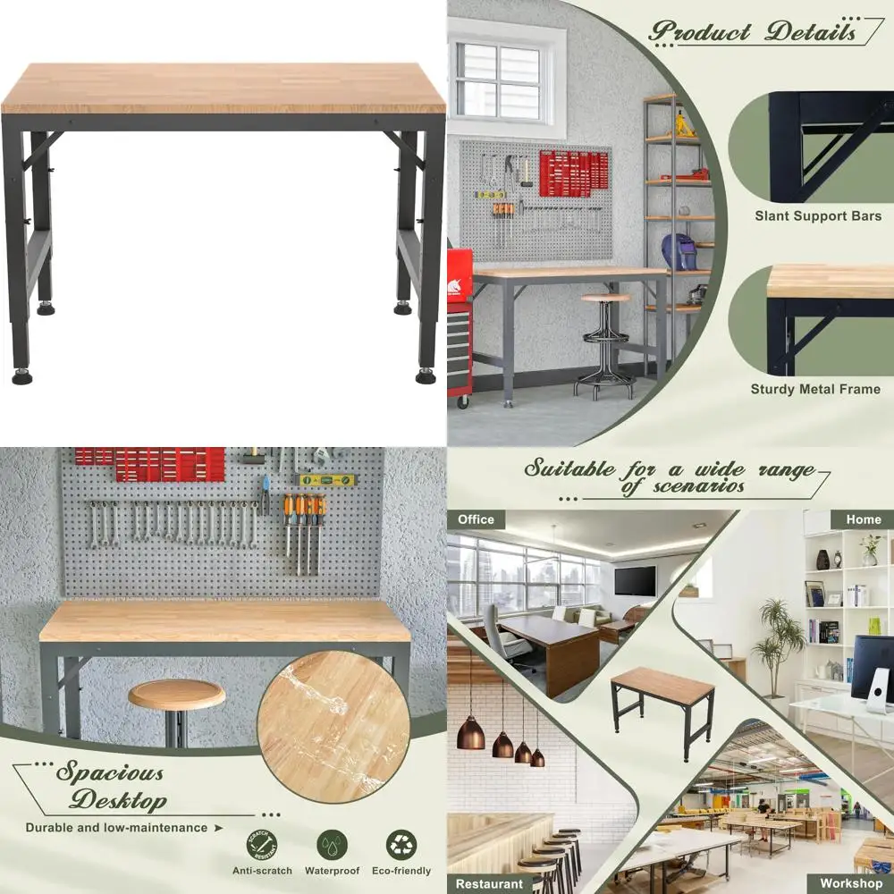 منضدة عمل بإطار معدني قوي مع ارتفاع قابل للتعديل وسطح خشبي واسع لورشة العمل والمكتب والمنزل واستخدام المطاعم