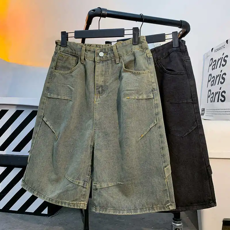 

Retro Faded Denim Shorts Men Summer American INS Trendy Design Loose Straight Cut Five-Point Pants Casual Youth Style