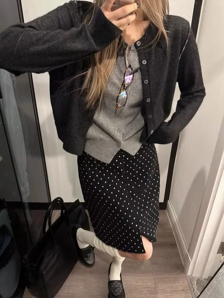 Black Miu Polka Dot Woolen  Skirt Women's Small Size Autumn Winter Super Beautiful Bodycon High Waist A-Line Short Skirt