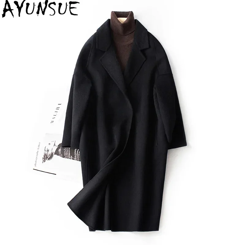 

100% AYUNSUE Wool Coats for Women Autumn Winter Korean Style Double-sided Woolen Jacket Loose Long Overcoat Abrigos Para Mujeres