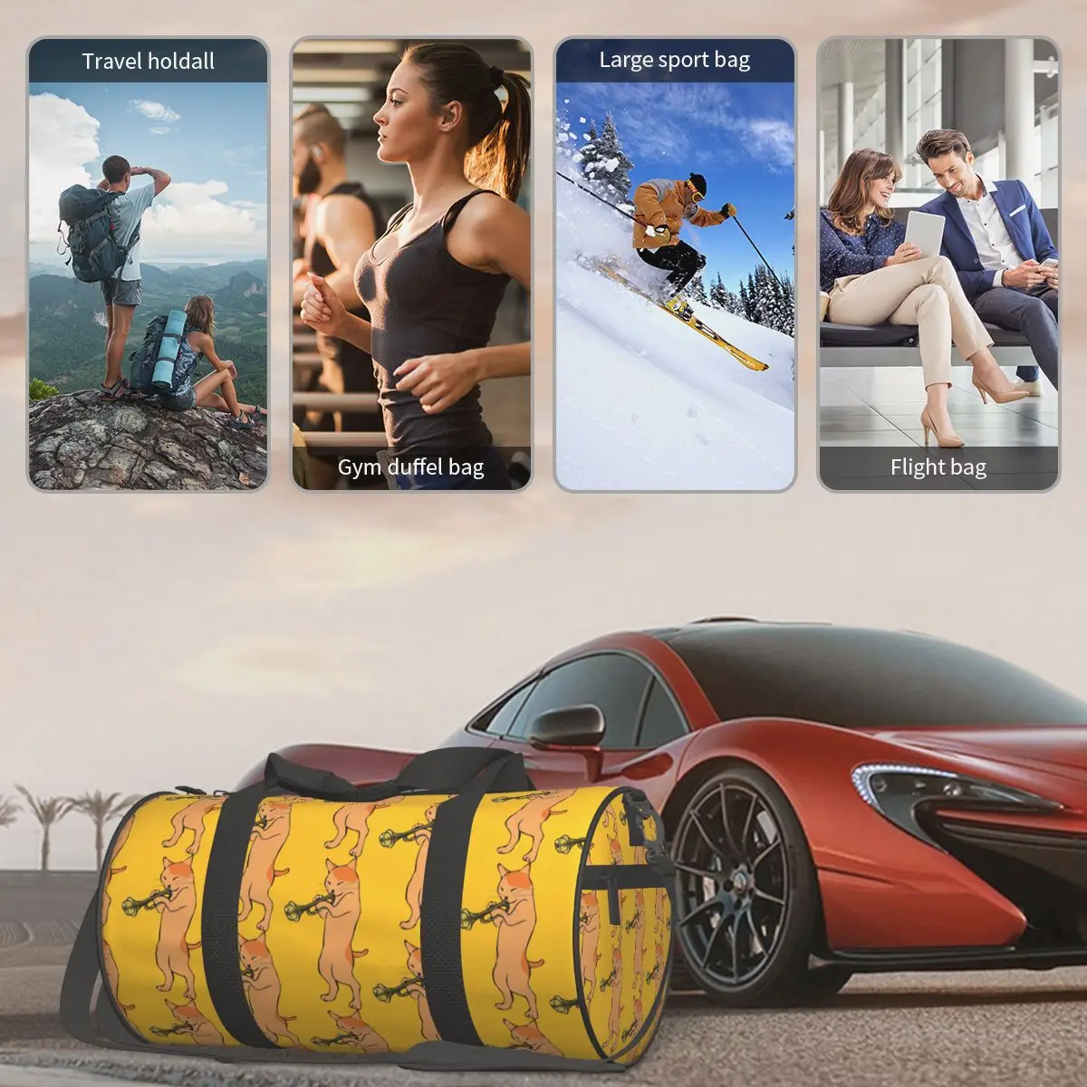 عاشق الموسيقى القط يلعب البوق كبير واق من المطر حقيبة قاعة رياضة متعددة الوظائف واق من المطر حقائب السفر حقائب اللياقة البدنية