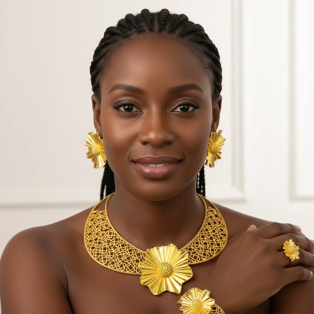 ESALE Big Jewelry Set Dubai Africal Large Necklace Bracelet Stud Earrings Ring For Bridal Wedding Jewellery 2025 New