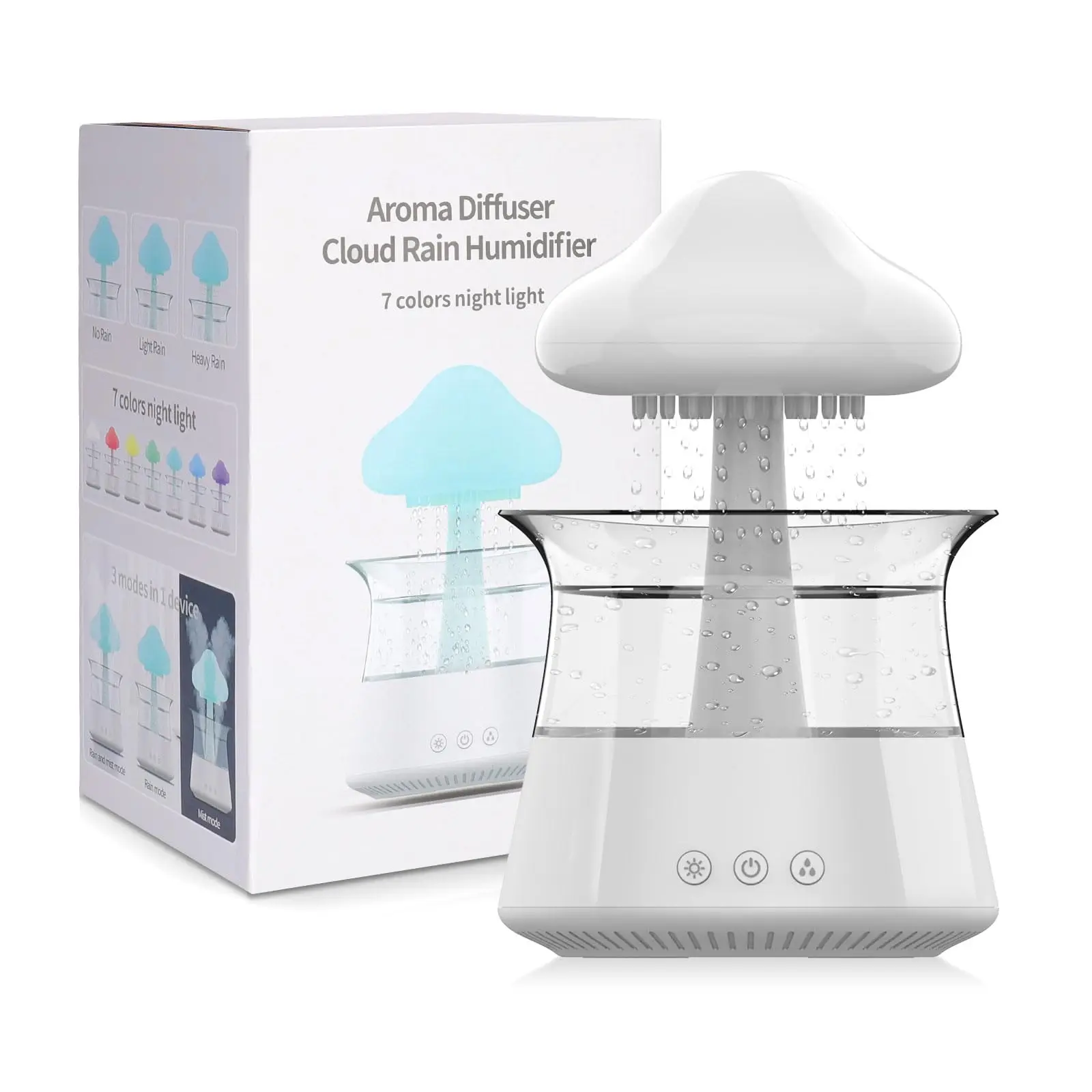 300ml-クラウドレイン加湿器、心地よい雨の音と滝のナイトライト付き、寝室とリビングルーム用の空気保湿剤