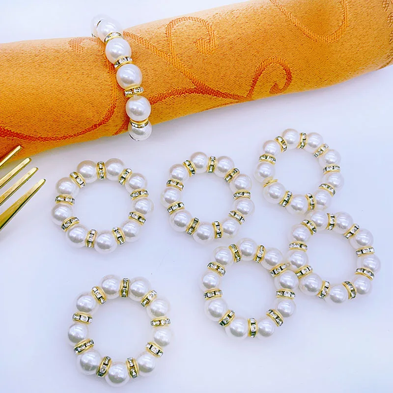 10Pcs Golden Napkin Rings Elegant Pearl Elastic Serviette Holder For Wedding Party Banquet Adornment