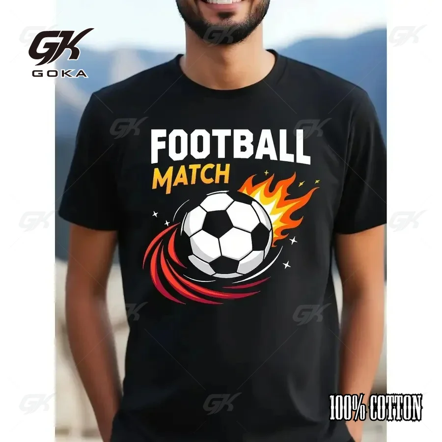 Football Match Flaming Soccer Ball T-Shirt, Black Sports Graphic Tops, Fast Fire Ball Design for Soccer Fans Casual Streetwear