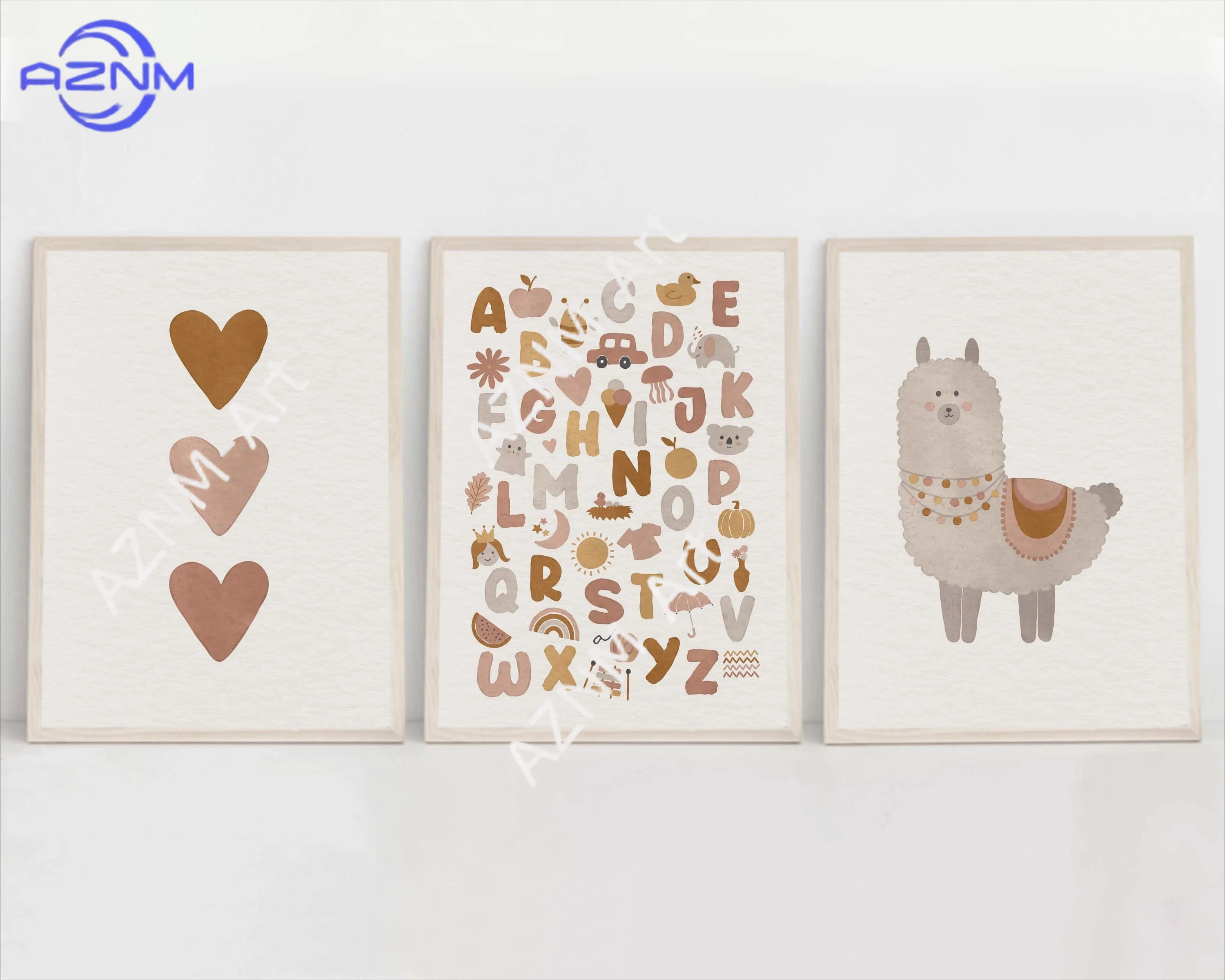 1PC/3PCS Boho Nursery Alphabet Objects Poster Baby Llama Hearts Artwork Kids Printable Wall Art Animal Print