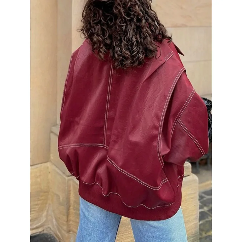 Individualidade lapela zíper jaqueta de manga comprida europeu americano cross-border nova moda feminilidade commuter rua casaco solto