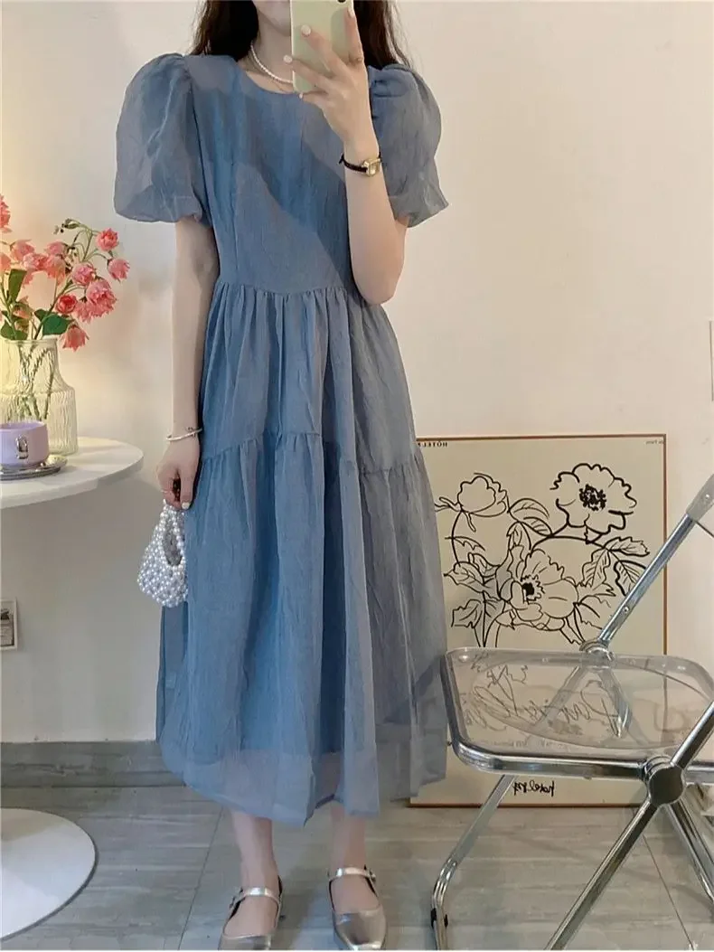 Vestido de gasa con manga abullonada para mujer embarazada, ropa de maternidad de estilo coreano, cintura alta, cuello redondo, vestido de baile ligero, azul y púrpura, Verano