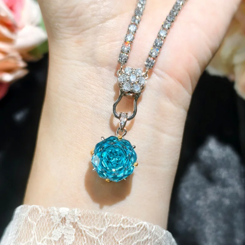 

Большой карат розы с аквамарином и цирконом, ожерелье, серьги, комплект колец для женщин, элитный элегантный подарок для свидания