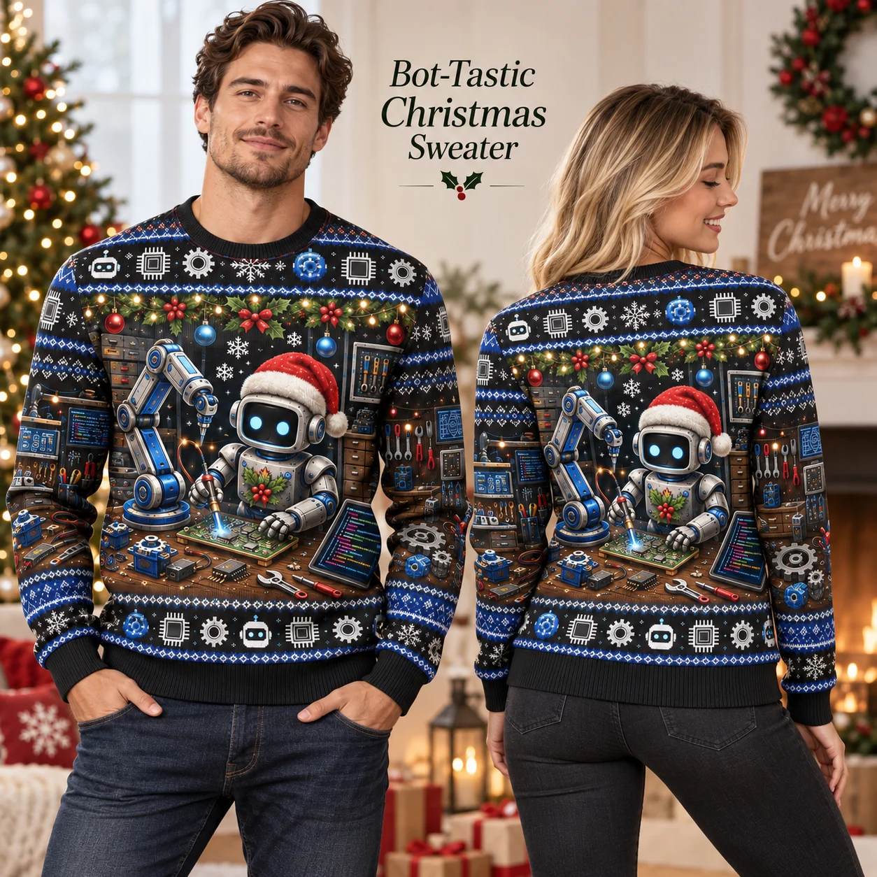 Robot Tech Ugly Christmas Sweater For Adults Future Holiday Sweaters With Researchers Gift Snowflake Christmas Party Design