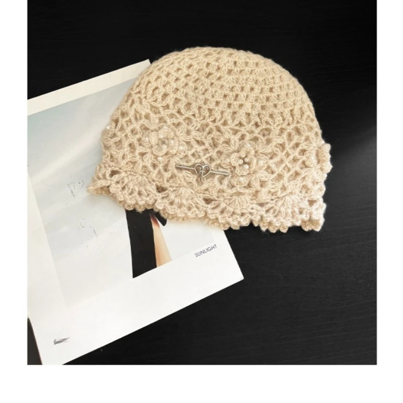 Böhmischer Stil, handgemachter, gehäkelter, hohler Pullover, Wintermütze für Damen, Sommer- und Herbstmütze mit Perlenverzierung, Kuppel-Skull-Beanie. – Detail 5