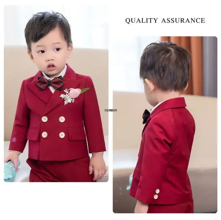 Flower Boys Red Photography Suit Children Wedding Dress Kids Stage Performance Formal Blazer Suit Baby Birthday Ceremony Costume