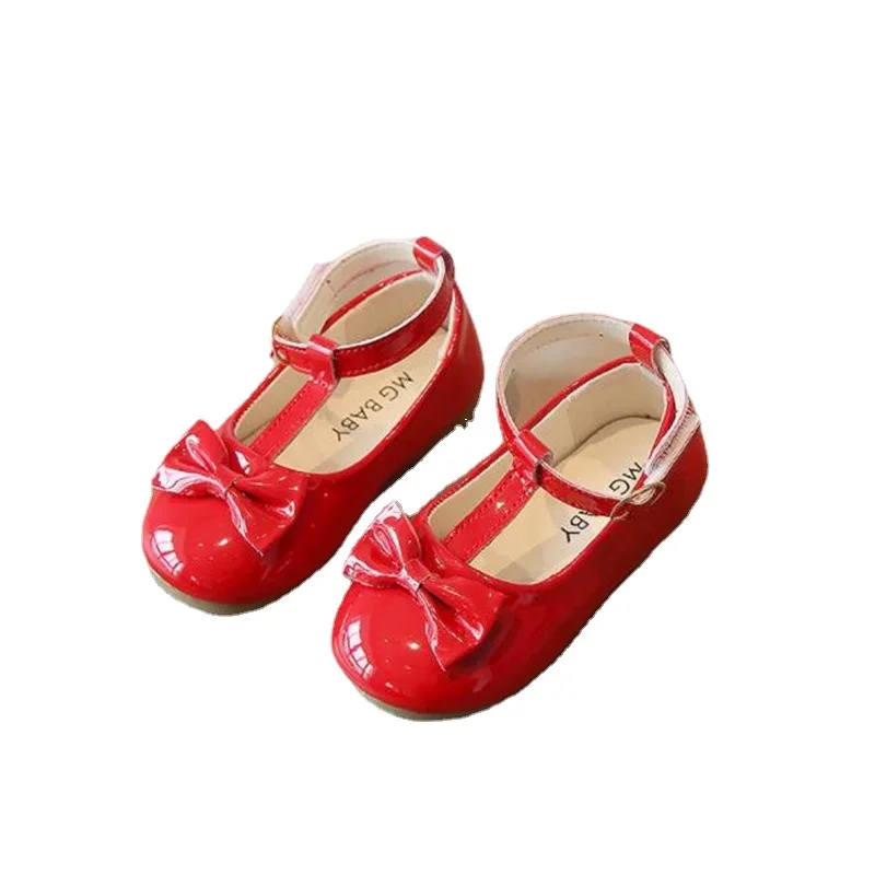 Baby Girls Patent Leather Shoes Bow Mary Janes Party Princess Shoes Kids soft sole T-shaped Red Leather Shoes Student Flats Shoe