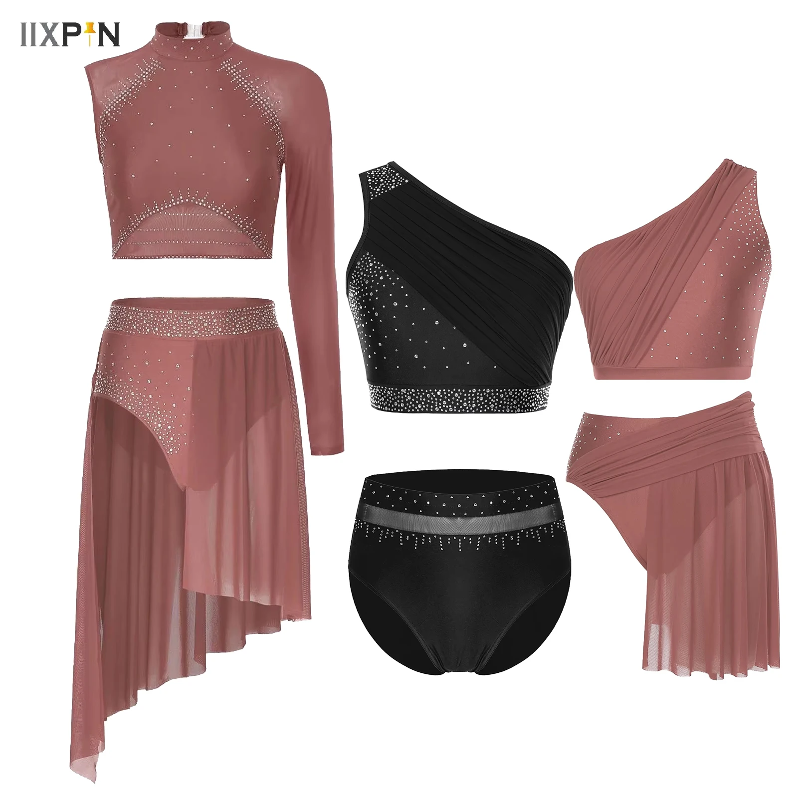 

Adults Womens Modern Lyrical Dance Ballet Skating Gymnastics Performance Dancewear Sleeveless Rhinestones Crop Top with Skirt