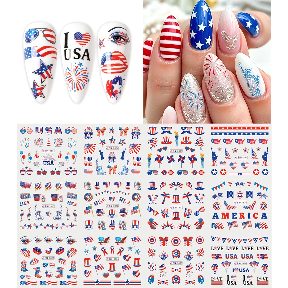 Flag Nail Sliders Water Transfer Sticker Decals Star Firework Bow Letter Independence Day Nail Art Stickers Decorations Manicure