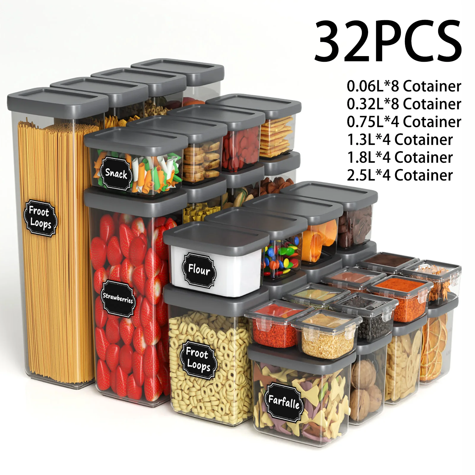 Juego de 32 Recipientes Herméticos con Tapas, Contenedores Libres de BPA para Cereales y Granos, Cajas Organizadoras de Cocina