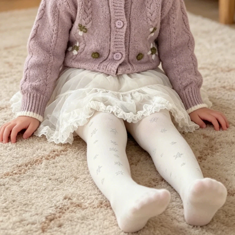 Sparkly Five-Pointed Star Rhinestone Kids Footed Tights Stretchy Anti-Hook Breathable Princess Style Pantyhose For Little Girls