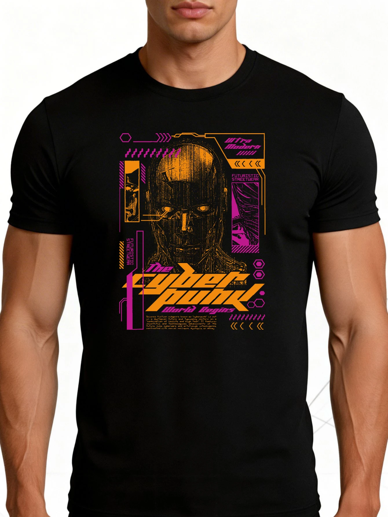 Cyberpunk Style Men's T-Shirt with Futuristic Robot Graphics and Neon Text Design, Perfect for Casual Wear in Spring and Summer, an Ideal Gift for Tech Enthusiasts and Science Fiction Fans.