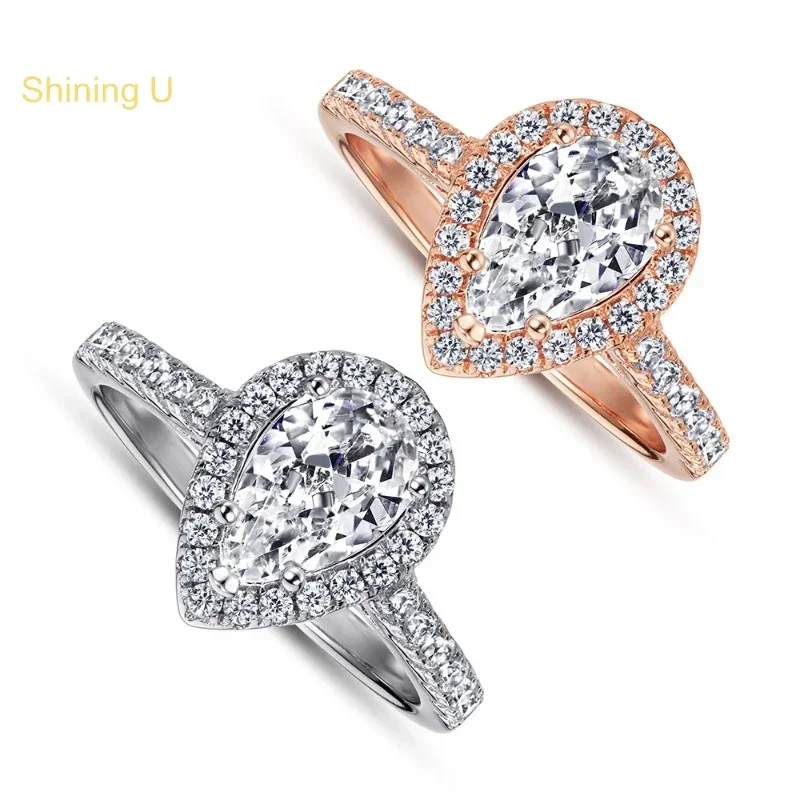 Shining  Us 925 Silver Pear Simulated Diamond 6*9mm Ring Rose Gold Plated Fine Jewelry for Women Wedding Engagement