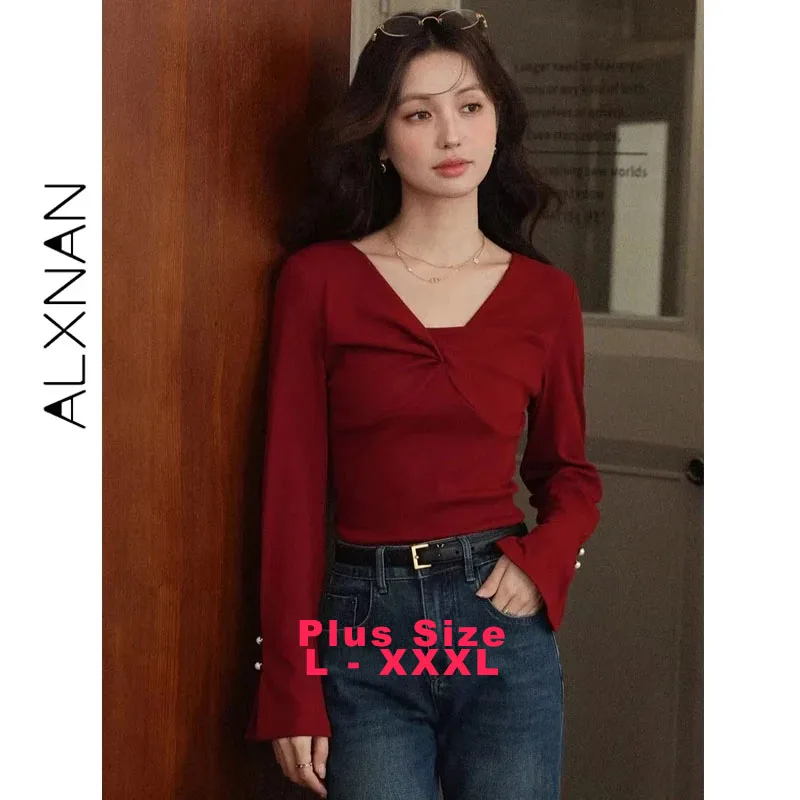 เสื้อสเวตเตอร์ผู้หญิงไซส์ใหญ่ ALXNAN สีแดง แต่งโบว์ ประดับมุกที่ปลายแขน แขนบาน สไตล์วินเทจ สำหรับฤดูใบไม้ร่วง แขนยาว รุ่น D12535-3