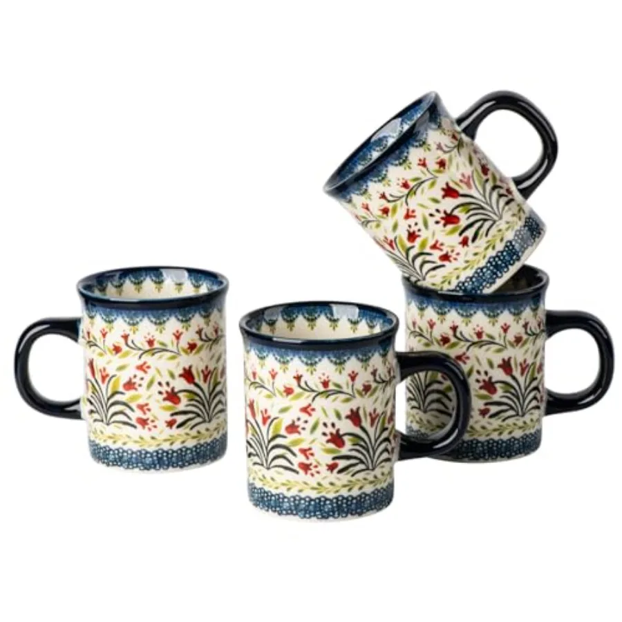 

Ceramic Latte Mug Set of 4 15.5oz Hand Painted Porcelain Coffee Cups With Big Handle - Modern Retro Design For Any Kitchen. Mic