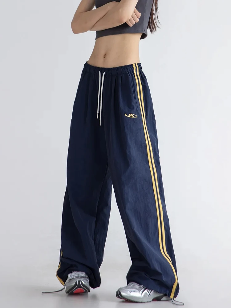 Zoki vintage listrado sweatpants feminino y2k harajuku calças de perna larga americano streetwear cintura alta solta bf hip hop novo