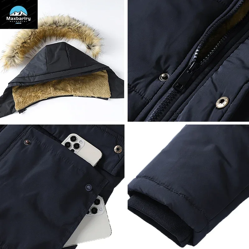 Parka masculina impermeável com capuz de pele, parkas de lã grossa, casaco casual, casaco quente de inverno, moda outono, nova