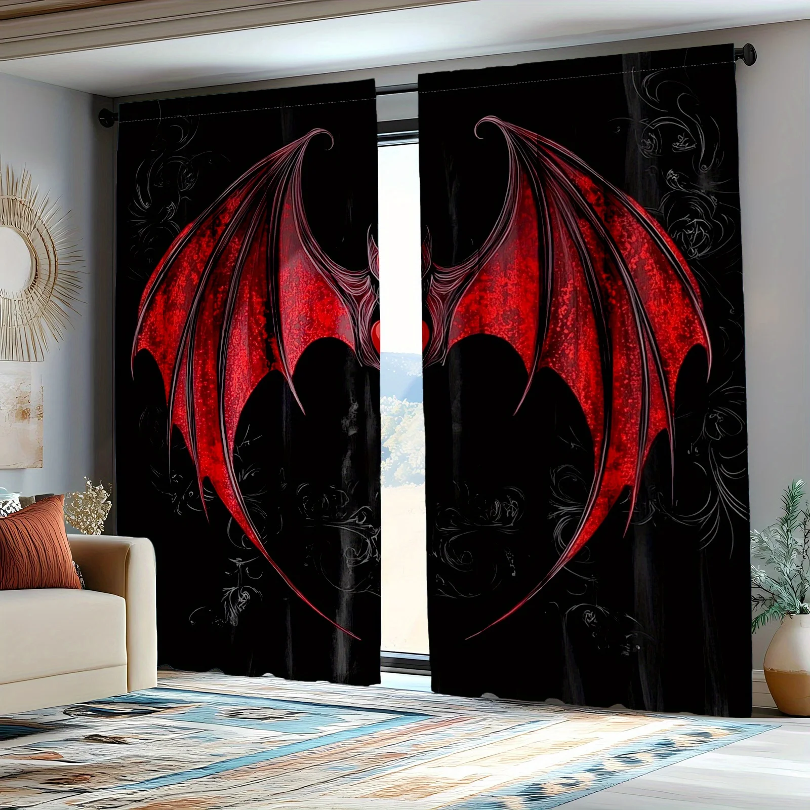Rideaux gothiques Halloween motif chauve-souris noire et dragon, 2 pièces, panneaux de rideaux de fenêtre rouges effrayants pour décoration de salon
