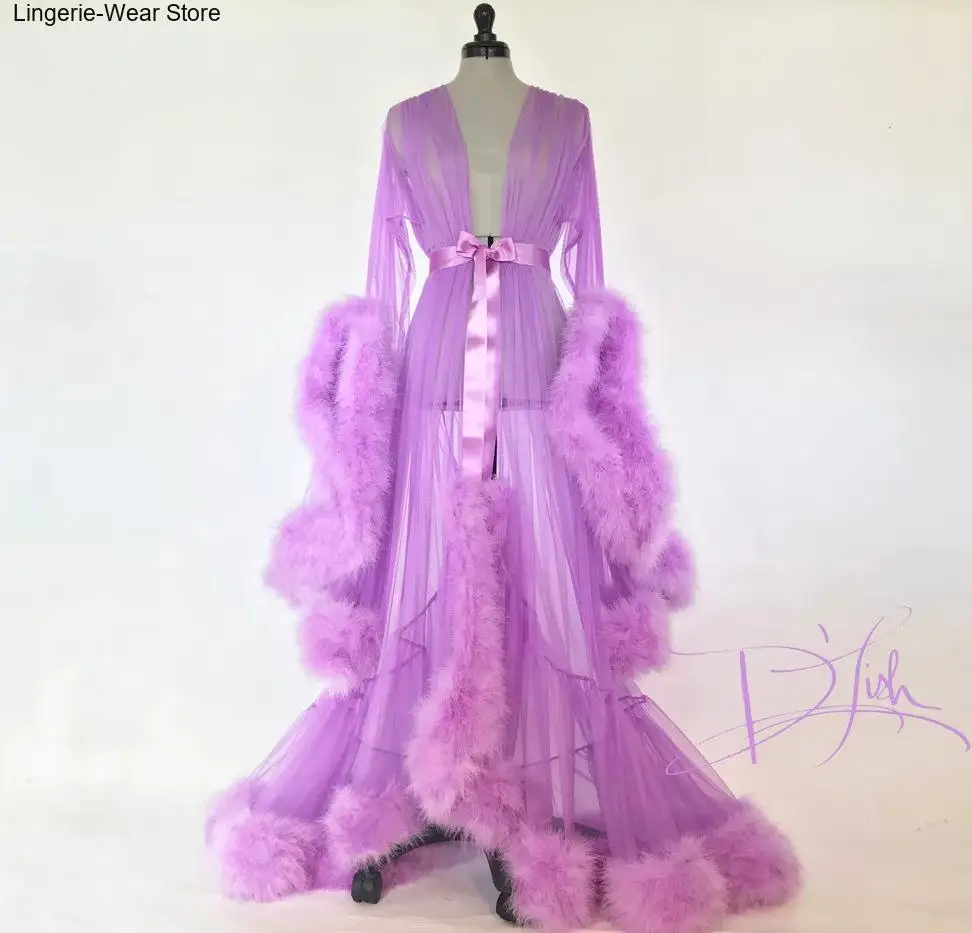 Large Size Perspective Sexy Nightgown Feather Trumpet Sleeves Trailing Long Skirt Nine Tailed Fox Fairy Drag Down Dressing Gown