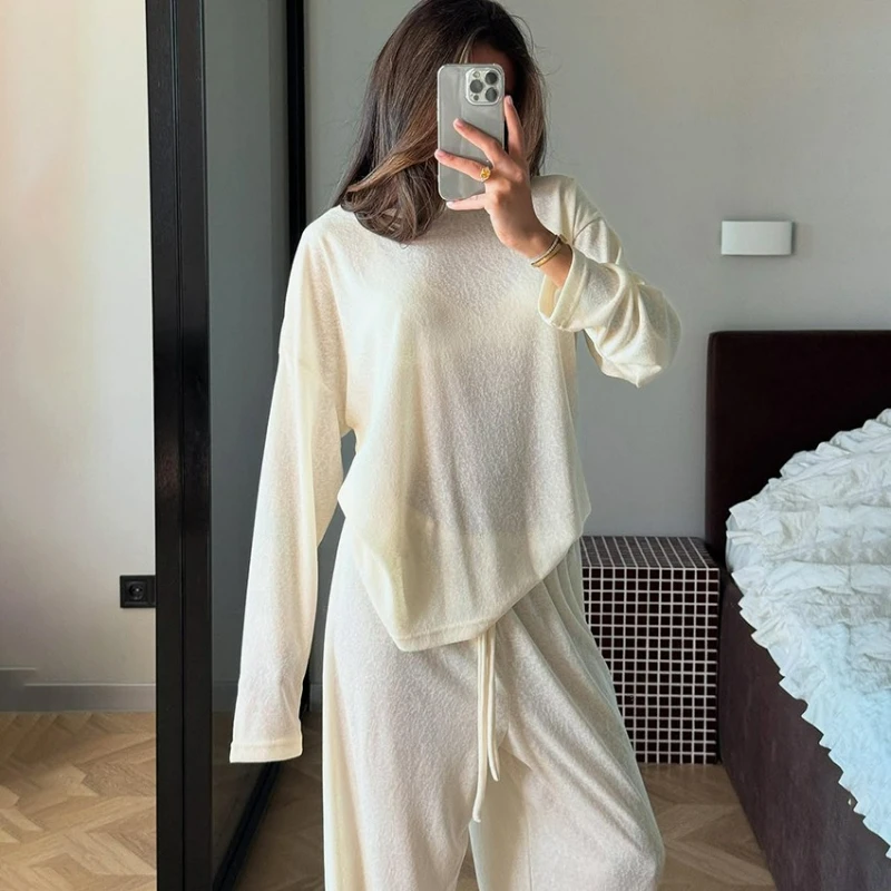 2026 Autumn New Fashionable Loose Comfortable Casual Long-sleeved Long-pants Home Wear Solid-color Knitted Pajamas for Women's