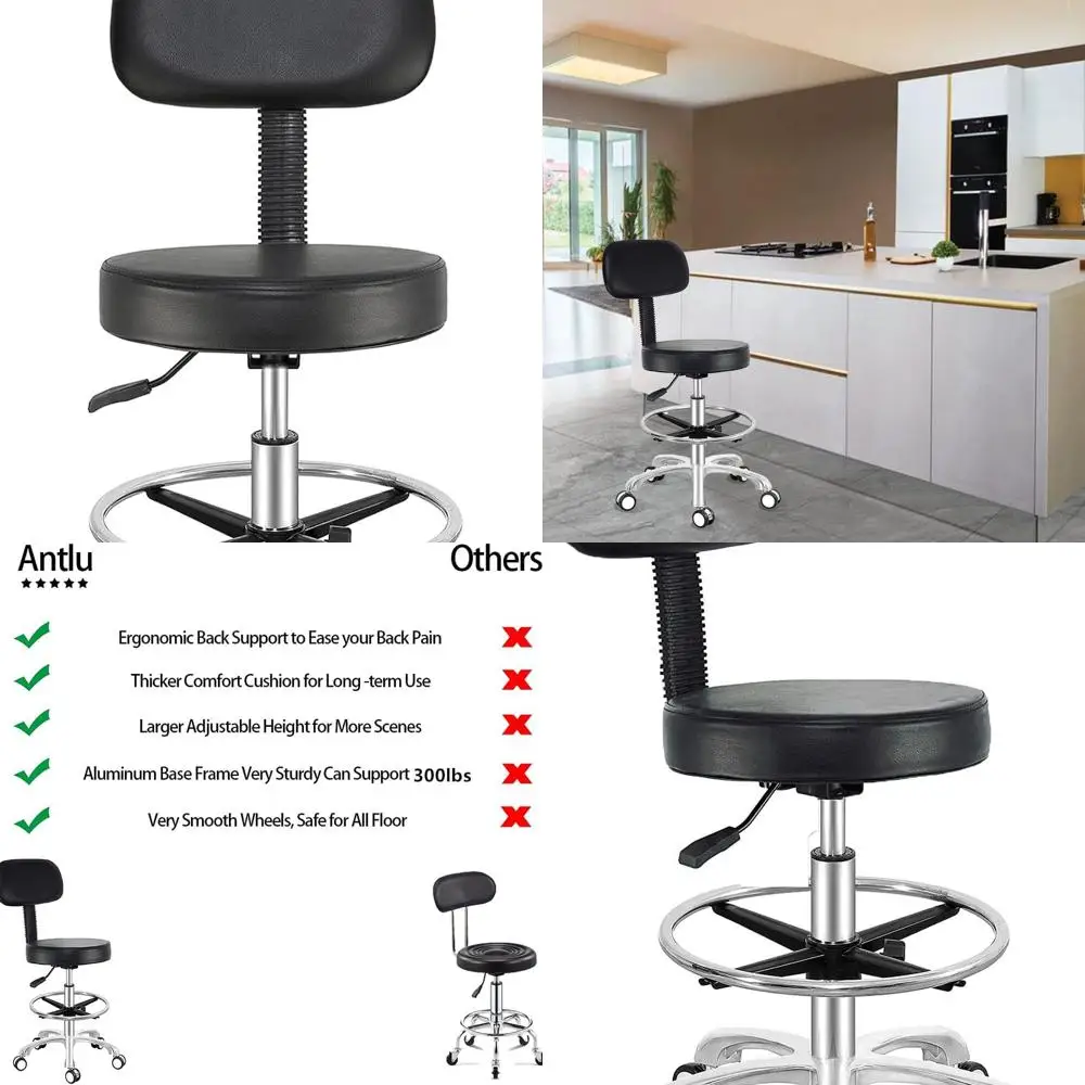 

Adjustable Swivel Office Stool with Backrest and Foot Ring, Black