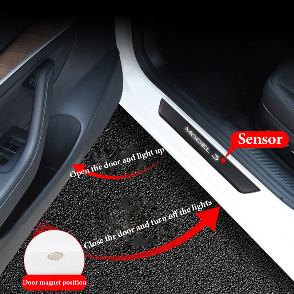 For Tesla Model 3 Model Y Magnetic Induction Led Light Welcome Pedal Front Rear Door Threshold Sill Sticker Accessories 4PCS