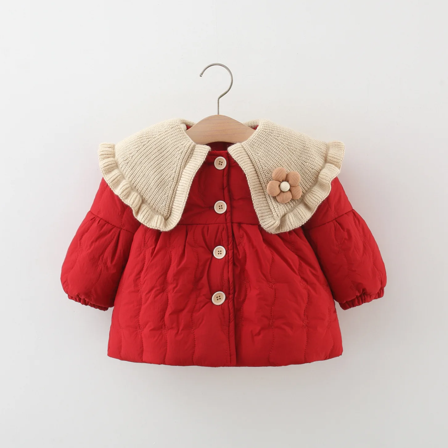 New Winter Outfit For Girls With Plush Cotton Jacket, Featuring A Thick Floral Coat With A Lapel Collar