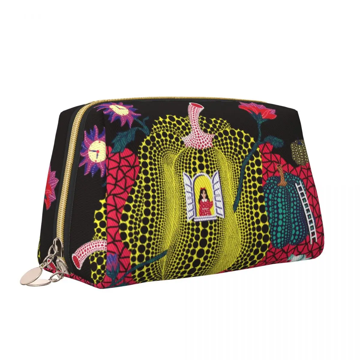 Fashion Girl Cosmetic Bags Yayoi Kusama Pumpkin Leather Makeup Bag Outfits Large Capacity Zipper Toiletry Case