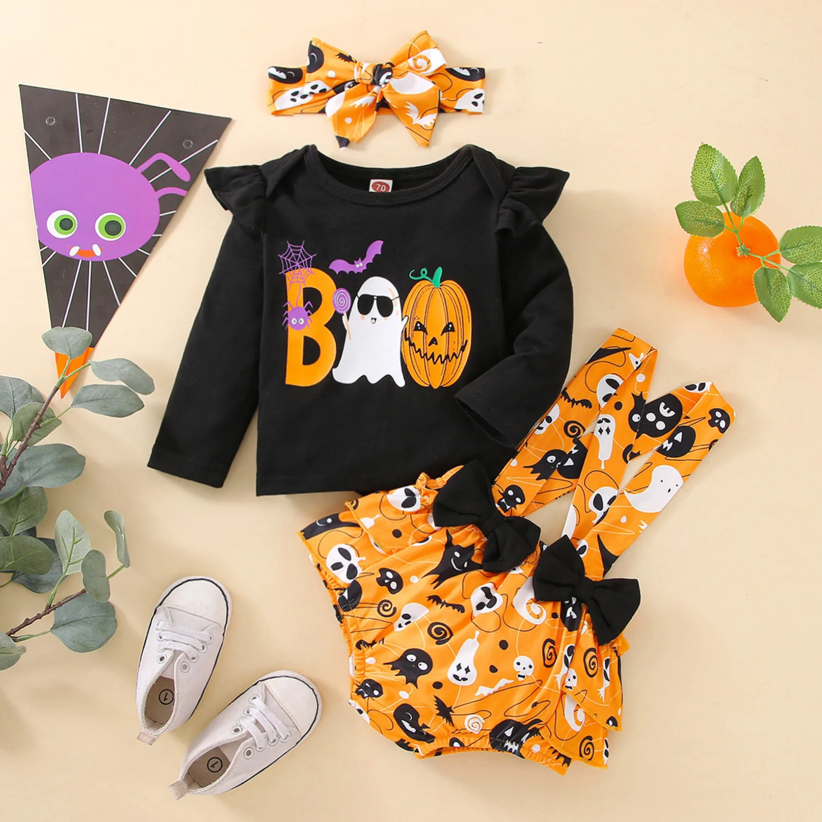 3Pcs Infant Girls Clothes Sets Pumpkin Print Long Sleeve Tops+Suspenders Shorts+Headbands My First Halloween Costume 3 6 12 18M