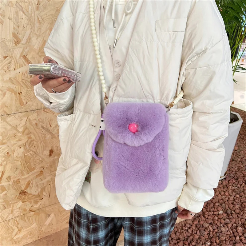 New Women Mobile Phone Bag Rabbit Fur Cell Phone Bags Coin Strap Shoulder Bag Small Crossbody Bags for Women Wallet Travel Purse