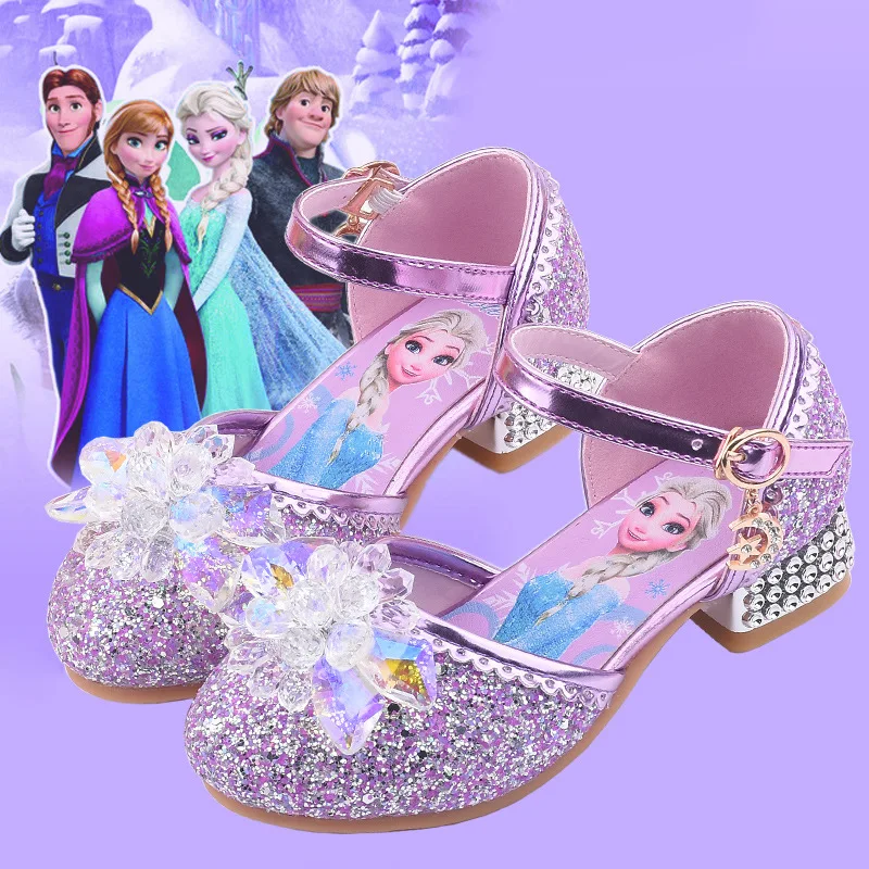 Chaussures en cuir à talons hauts pour filles, princesse Disney, Elsa congelée, pilier en cristal, paillettes décontractées, robe de soirée pour
