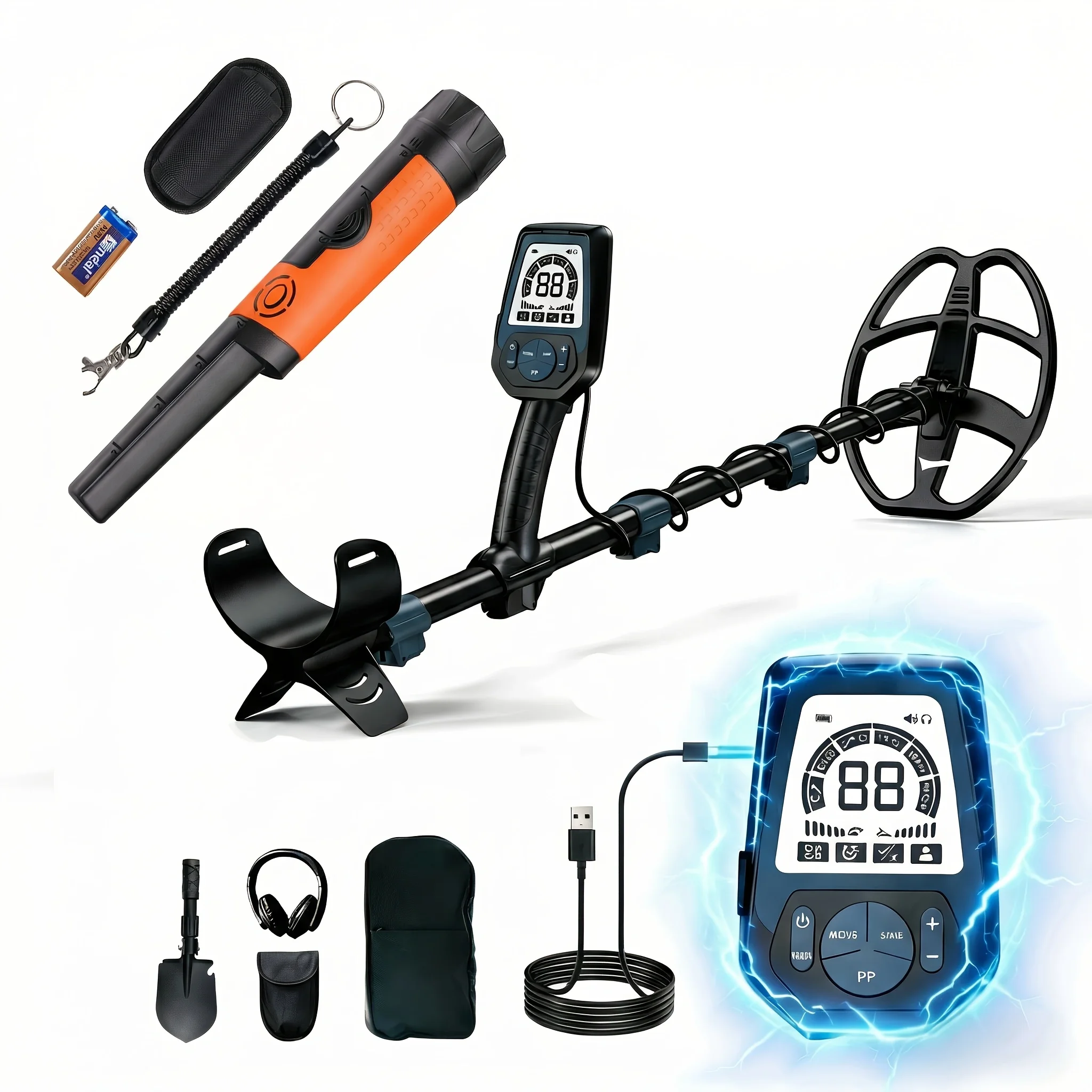 SUNPOW Professionelles Untergrund-Metalldetektor-Set mit Pinpointer, wiederaufladbarem 6-Metall-ID, 10" IP68 wasserdichter Spule, LCD-Display, 5 einstellbaren Suchmodi für Erwachsene, Schatzsuche,